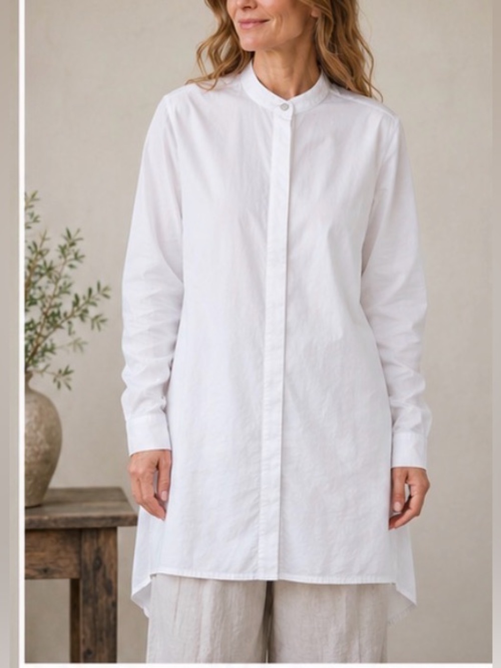 Bryn Walker Shanna Tunic Blouse XS White Cotton Blend Lagenlook Coastal Made USA